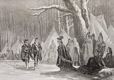 Washington ja Gist vierailevat Intian kuningatar Alliquippan luona "Gallery of Historical Portraits", julkaistu n. 1880 tekijältä English School