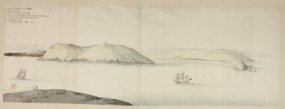 Cork Harbourin läntinen sisäänkäynti Kiddsistä tai Cow and Calfista Cross Beg Islandille; Cork Harbourin läntinen sisäänkäynti, jossa näkyy Halbowlin Island, Spike Island ja Cross Haven, n. 1684 (kynä, muste ja akvarelli paperille) tekijältä English School