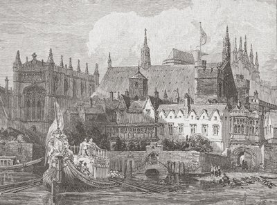 Westminster Hall nähtynä Thamesista Kaarle I:n hallituskaudella, n. 1625-1649 tekijältä English School