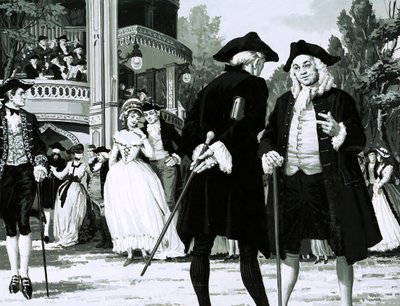 William Hogarth kävelee Vauxhall Gardensissa (guassi paperilla) tekijältä English School