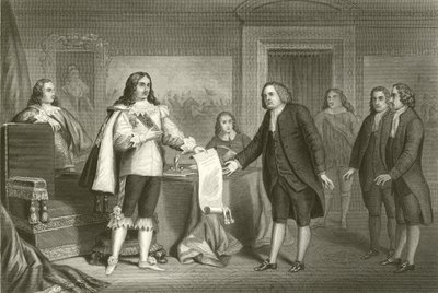 William Penn vastaanottaa Pennsylvanian peruskirjan Charles II:lta tekijältä English School