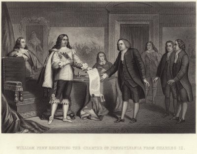 William Penn vastaanottaa Pennsylvanian peruskirjan Charles II:lta tekijältä English School