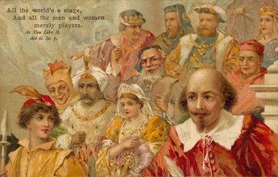 William Shakespeare ja joitakin hänen hahmojaan (värilitografia). tekijältä English School