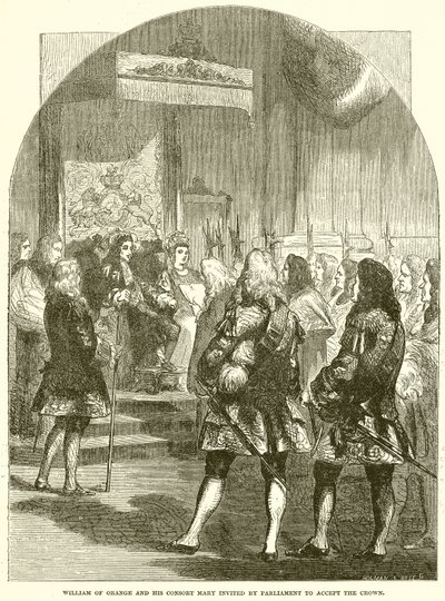 William of Orange ja hänen puolisonsa Mary ovat parlamentin kutsumia ottamaan vastaan kruunun tekijältä English School