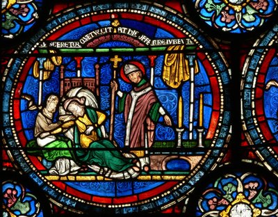 Ikkuna n4, joka esittää kohtauksen St Thomas Becket Miracle -ikkunasta: Julia Puintel käski mennä haudalle tekijältä English School