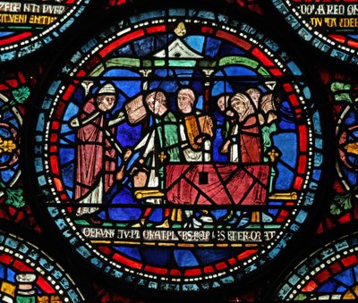 Ikkuna s6, joka esittää kohtauksen St Thomas Becket Miracle -ikkunasta: Gilbert de Brun (?) hautajaiset tekijältä English School