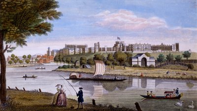 Windsorin linna Thamesin toiselta puolelta, noin 1760-luku (käsinvärinen kaiverrus) tekijältä English School