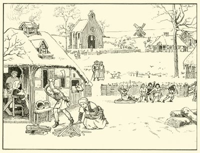 Talvimaisema kylässä. 14th Cent (muste paperille) tekijältä English School