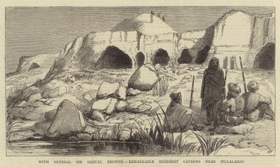 Kenraali Sir Samuel Brownen kanssa, merkittäviä buddhalaisia luolia lähellä Jellalabadia (kaiverrus) tekijältä English School