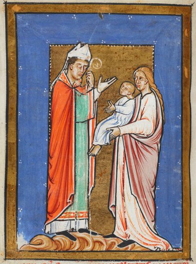 Yates Thompson 26 f.62v St. Cuthbert parantamassa lasta ruttoa vastaan, kuva "St. Cuthbertin proosaelämästä", kirjoittanut Bede (vellum) tekijältä English School
