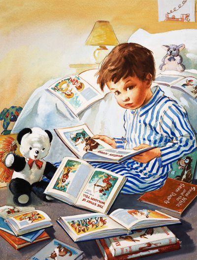 Nuori poika lukee satukirjoja tekijältä English School