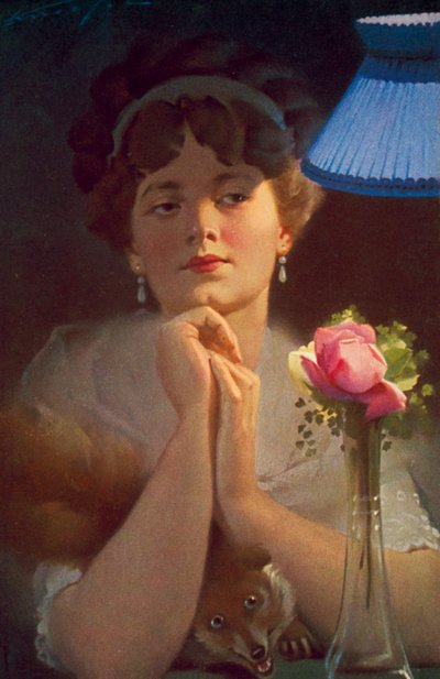 Junge Frau und ein Fuchs im Lampenlicht von English School