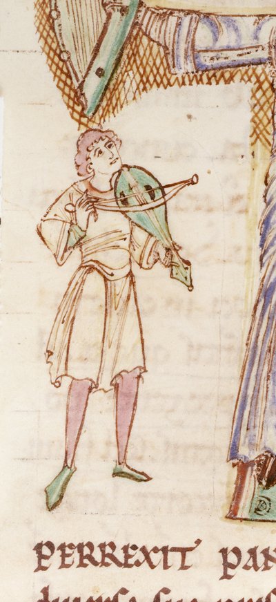 f.218v Yksityiskohta asutusta T-alkukirjaimesta, joka esittää miestä leikkimässä rebekia, Passionalesta, n. 1110 (vellum) tekijältä English School