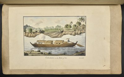 f.77 (levy 88) Vene Solo-joella (Surakarta, Keski-Jaava). 4. helmikuuta 1817. Edessä musteella kirjoitettu: "Lausuminen Solo-joelle". 4. helmikuuta 1812.’ (akvarelli paperille) tekijältä English School