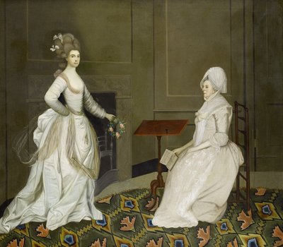 Kaksi naista sisätiloissa, toinen lukee, toisella kädessään kukkaseppele tekijältä English School, 18th Century