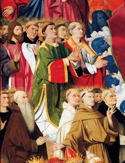 Uskonnolliset järjestykset ja papisto, yksityiskohta Enguerrand Quartonin (noin 1410-1466) Neitsyt-alttaritaulusta, tempera taulussa tekijältä Enguerrand Quarton