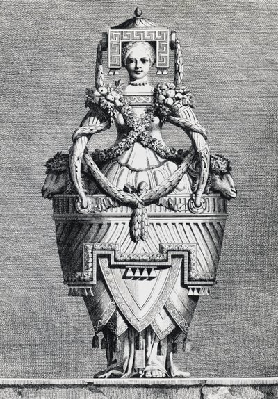 Antropomorfinen maljakko, kreikkalainen morsian, kaiverrus Ennemond-Alexandre Petitot (1727-1801) Masquerade la Grecquestä, Suite des Vases and Cheminees, Parma tekijältä Ennemond Alexandre (after) Petitot