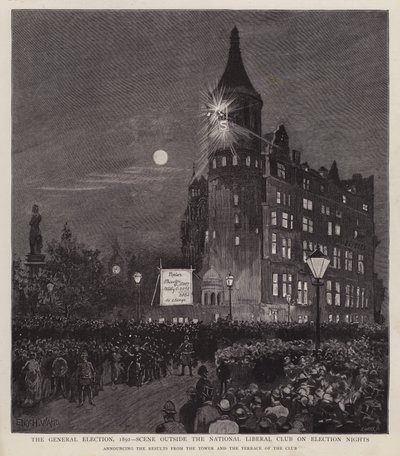 Liberal Clubin vuoden 1892 yleisvaalien tulosilmoitus, Westminster, Lontoo (litho) tekijältä Enoch Ward