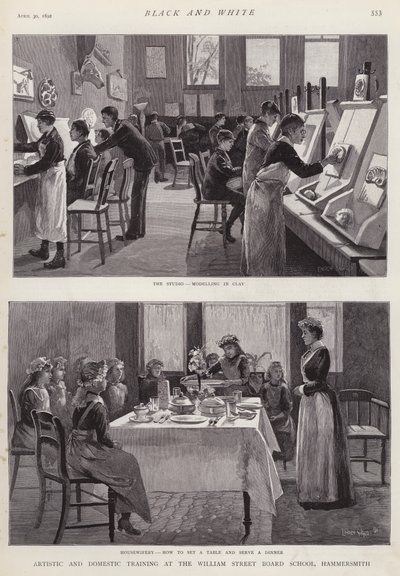 Taiteellinen ja kotimainen koulutus William Street Board Schoolissa, Hammersmith, Lontoo (litho) tekijältä Enoch Ward