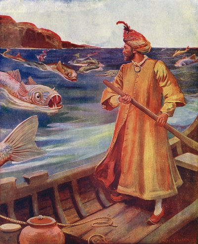 Sindbad näkee valtavat kalat (värilitografia) tekijältä Enoch Ward