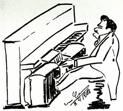 Lyyrisen laulajan Enrico Caruson autokarikatyyri pianolassa tekijältä Enrico Caruso