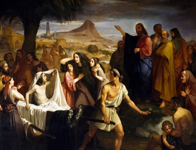 Naimin pojan lesken ylösnousemus, kirjoittanut Enrico Pollastrini (1817-1876), Pyhän Marian Succourin kirkko, Livorno, Toscana, Italia tekijältä Enrico Pollastrini