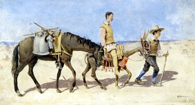 Don Quijote ja Sancho Pança. Atalayan maalaus. 1800-luvun lopulla. tekijältä Enrique Atalaya