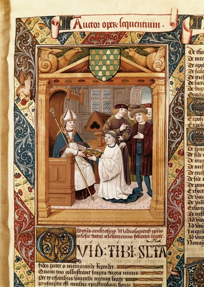 Saint Ambrose (339-397), Milanon arkkipiispa, esittelee teoksensa sukulaiselleen "Pyhän Ambroseen teoksista (vol.1)" tekijältä Enrique de Bellorto
