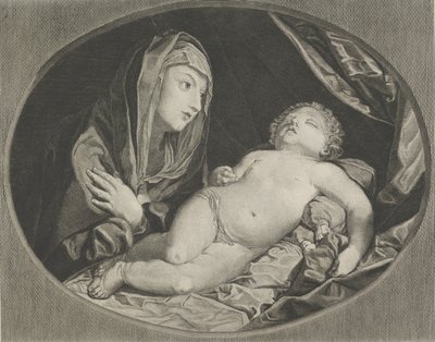 Neitsyt kädet ristissä rintojensa päällä katsomassa nukkuvaa Kristus-lapsea, vuonna..., 1770-1834. tekijältä Ephraim Gottlieb Krüger
