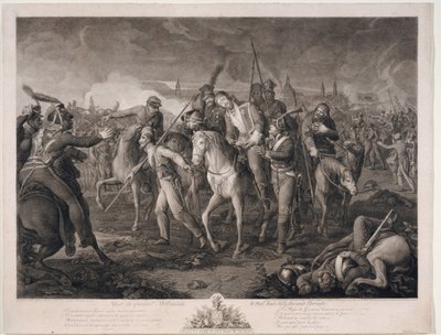Mort du General Alexis Melissin (1759-1813) a Dresde, en 1813 - Kenraali Aleksey Melissinon kuolema 26. elokuuta 1813 - Krueger, Ephraim Gottlieb (1756-1834) - 1813 - Etsaus - 68,4x88, tekijältä Ephraim Gottlieb Krüger