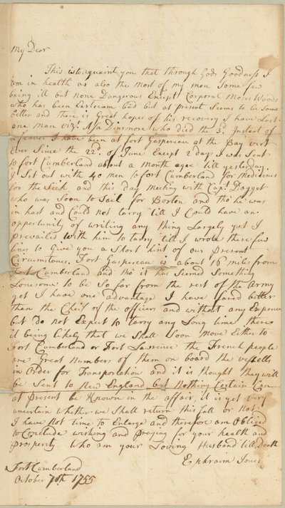 Kirje Allice Jonesille, Concord, Massachusetts, 7. lokakuuta 1755 (kynä ja muste paperille) tekijältä Ephraim Jones