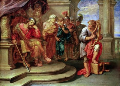 Saul kuuntelee Davidia soittamassa harppua tekijältä Erasmus Quellinus II