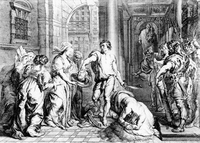 Pyhän Johannes Kastajan teloitus, kaiverrus Martin I van den Enden (fl. 1630-54) tekijältä Erasmus Quellinus II