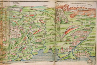 Jerusalemin kaupungin kartta, Bernhard von Breydenbachin (1440-97) "Pyhiinvaellus Pyhässä maassa" tekijältä Erhard Reuwich
