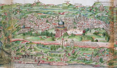Jerusalemin kaupungin kartta, Bernhard von Breydenbachin (1440-97) "Pyhiinvaellus Pyhässä maassa" tekijältä Erhard Reuwich