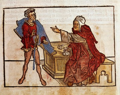 Kauppa juutalaisen ja lainahain välillä Sivu otettu matkakirjasta "Peregrinatio in Terram Sanctam" Bernard de Breydenbachin (Breidenbachin) (1454-1497) Pyhän maan pyhiinvaelluksen jälkeen, kuvitettu Erhard Reuwichin kaiverruksilla tekijältä Erhard Reuwich
