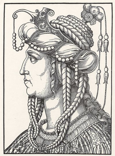 ""Sultana Roxelanen (Russelazie (ruteenilainen)) tai Hurremin (s. Anastasia Lisovska, noin 1500-1558) muotokuva sulttaani Suleiman Suuren vaimon"" Erhard Schoenin (1491-1592) puupiirros noin 152 Gothagliches Museum tekijältä Erhard Schon