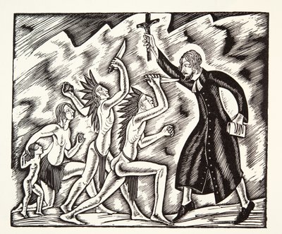 Hyökkäys, teoksesta Isä Jean de Brebeufin matkat ja kärsimykset tekijältä Eric Gill