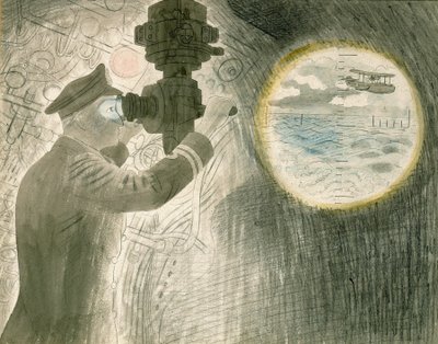Sukellusveneen (sukellusveneen) upseeri katselee periskoopin läpi. Akvarelli ja lyijykynä paperille tekijältä Eric Ravilious