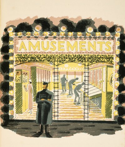Amusement Arcade, kuvitus "High Street", kirjoittanut J.M. Richards, painanut Curwen Press, pub. Kirjailija: Country Life, 1938 tekijältä Eric Ravilious