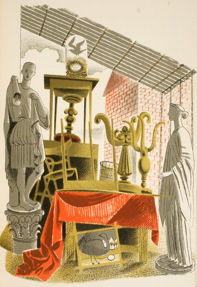 Antiikkikauppa, kuvitus J.M. Richardsin High Streetistä, painanut Curwen Press, pubi. Kirjailija: Country Life, 1938 tekijältä Eric Ravilious