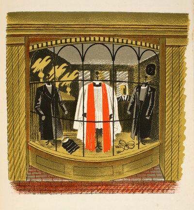 Clerical Outfitter, kuvitus "High Street", kirjoittanut J.M. Richards, painanut Curwen Press, pub. Kirjailija: Country Life, 1938 tekijältä Eric Ravilious