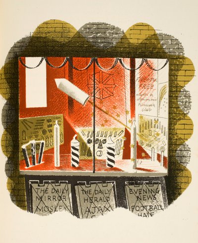 Sanomalehtikioskeja, kuvitus J. M. Richardsin High Streetistä, paina Curwen Press, pub. Kirjailija: Country Life, 1938 tekijältä Eric Ravilious