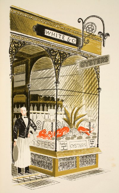 Oyster Bar, kuvitus J.M. Richardsin High Streetistä, painanut Curwen Press, pub. tekijältä Country Life tekijältä Eric Ravilious
