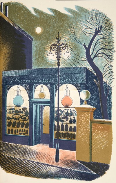 Apteekki, kuvitus J.M. Richardsin teoksesta "High Street", jonka on painanut Curwen Press ja julkaissut Country Life, 1938. tekijältä Eric Ravilious