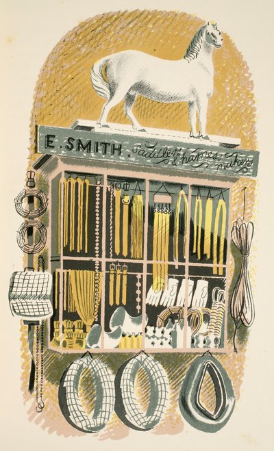 Saddler and Harness Maker, kuvitus J.M. Richardsin High Streetistä, paina Curwen Press, pub. Kirjailija: Country Life, 1938 tekijältä Eric Ravilious