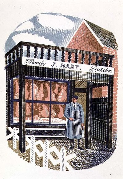 The Butchers Shop, painanut Curwen Press, High Street, kirjoittanut J.M. Richards, julkaissut Country Life, 1938 (24 kappaletta) tekijältä Eric Ravilious