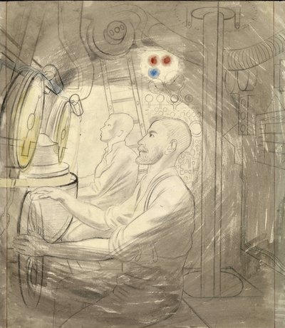 Sukellusveneen sukelluksen valvontahuone. Eric Raviliousin (1903-1942) lyijykynäsarja, sukellusveneessä toisen maailmansodan aikana (1939-1945). tekijältä Eric Ravilious