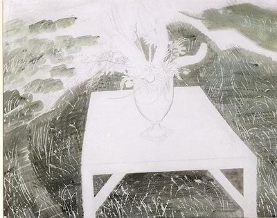 Kukkimaljakko puutarhassa (kynä ja akvarelli paperille) tekijältä Eric Ravilious