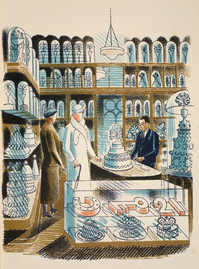 Hääkakku, kuvitus J. M. Richardsin High Streetistä, painanut Curwen Press, pub. Kirjailija: Country Life, 1938 tekijältä Eric Ravilious